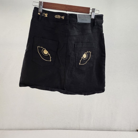 Lazy Oaf Graphic Eyes on My Butt Denim Mini Skirt Sz 10 - Picture 1 of 6